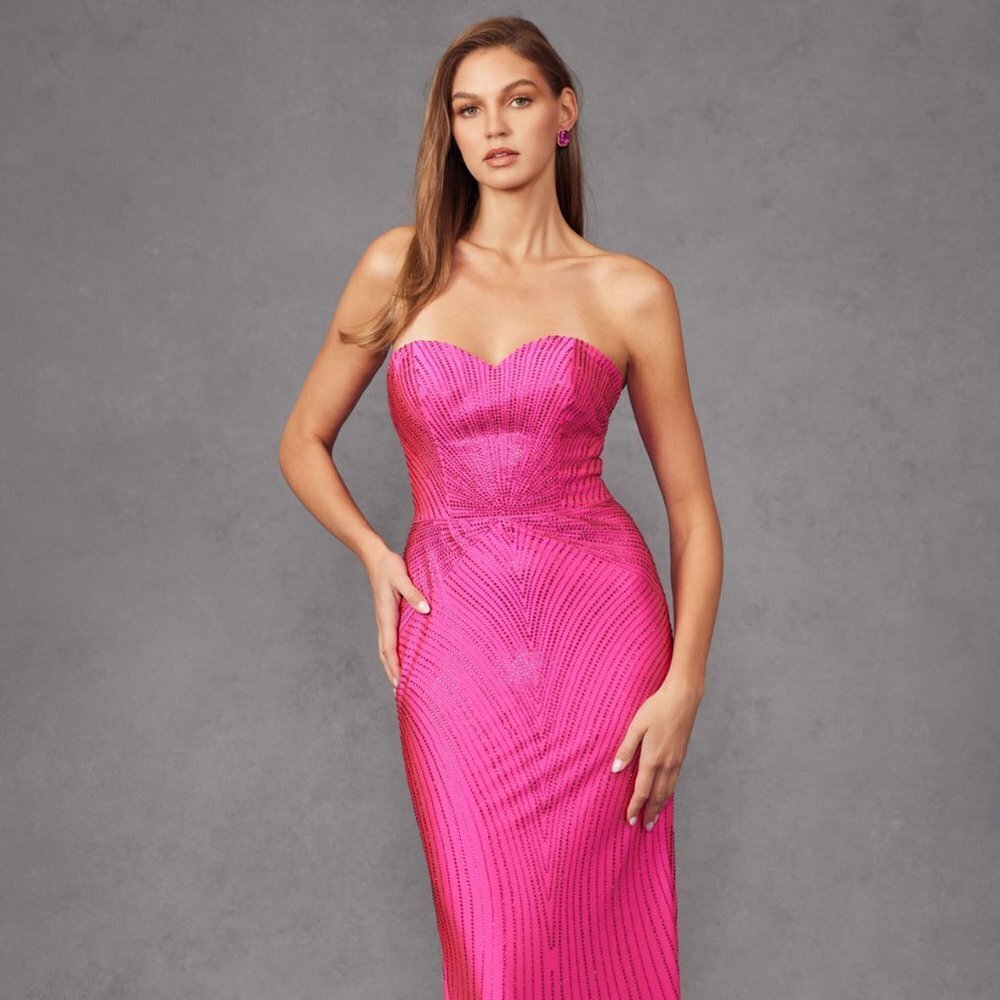 NEW FORMAL STRAPLESS SHEATH JERSEY DRESS EMBROIDERED WITH RHINESTONES JT2472R